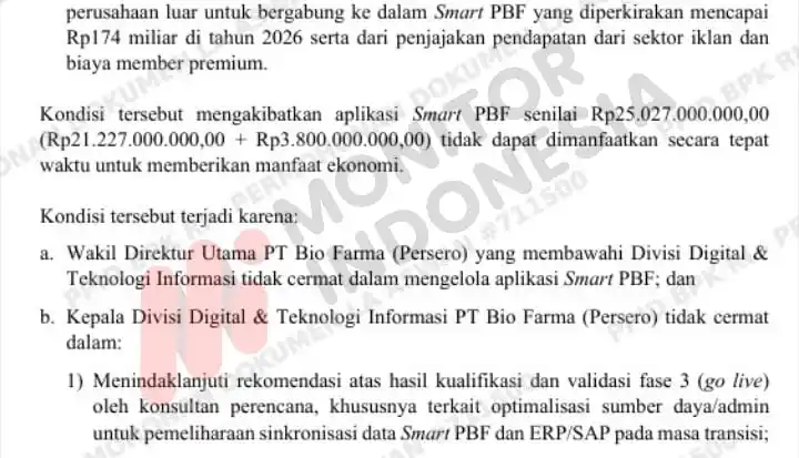 Laporan Hasil Pemeriksaan (LHP) Kepatuhan atas pengelolaan pendapatan, beban, dan kegiatan investasi PT Bio Farma periode 2022 hingga Semester I 2024. (Foto: Dok MI)