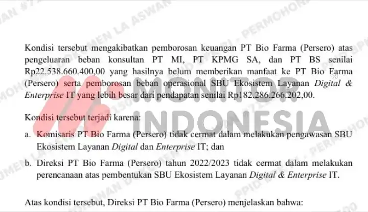Laporan Hasil Pemeriksaan (LHP) Kepatuhan atas pengelolaan pendapatan, beban, dan kegiatan investasi PT Bio Farma periode 2022 hingga Semester I 2024. (Foto: Dok MI)