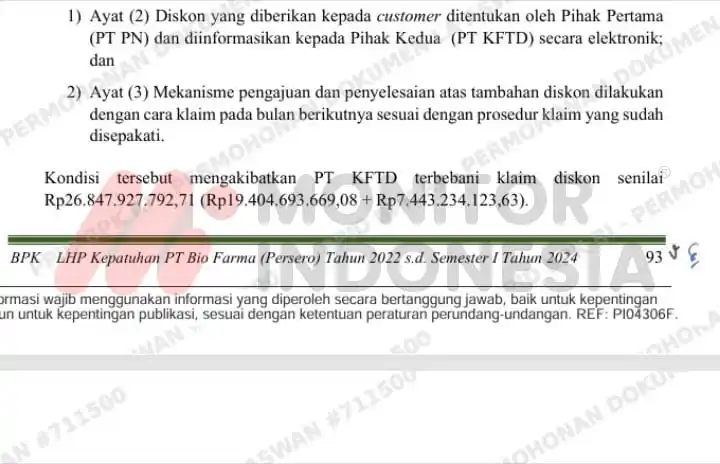 Laporan Hasil Pemeriksaan (LHP) Kepatuhan atas pengelolaan pendapatan, beban, dan kegiatan investasi PT Bio Farma periode 2022 hingga Semester I 2024. (Foto: Dok MI)