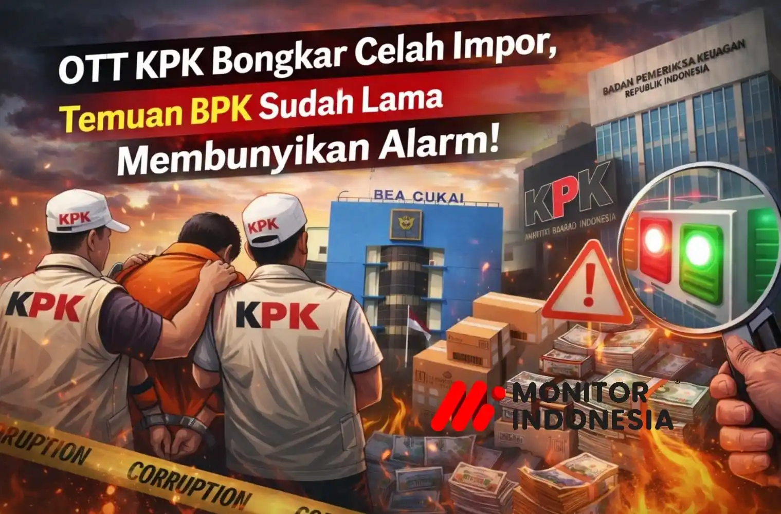 Ilustrasi penindakan KPK yang membongkar dugaan manipulasi jalur impor di lingkungan Bea Cukai, mengungkap celah pengawasan yang sebelumnya telah berulang kali diperingatkan BPK dalam berbagai laporan audit. Visual menampilkan operasi penindakan, arus barang impor, serta simbol peringatan risiko sistem yang lemah. (Foto: Dok MI/Olahan)
