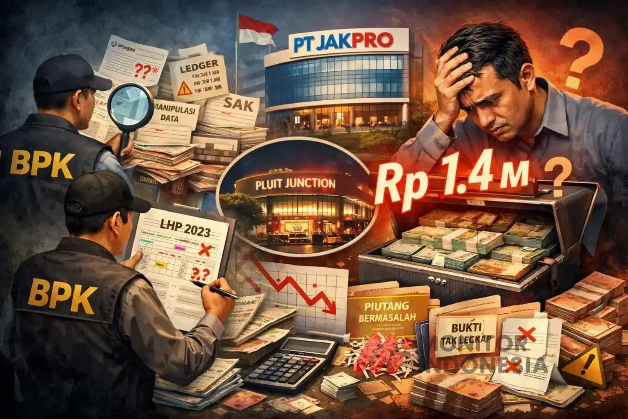 Ilustrasi: Auditor BPK menelusuri tumpukan dokumen keuangan bermasalah PT Jakarta Propertindo (Jakpro) dan SBU Mall Pluit Junction. Ilustrasi menggambarkan laporan keuangan yang disusun di luar sistem, piutang bermasalah, serta selisih kas Rp1,4 miliar yang tak dapat dipertanggungjawabkan, mencerminkan rapuhnya tata kelola dan pengendalian internal BUMD DKI Jakarta. (Foto: Dok MI)