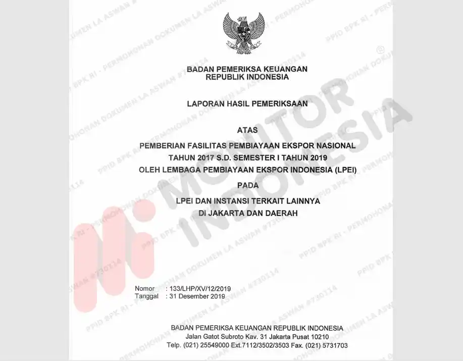 Sampul Laporan Hasil Pemeriksaan atas Pemberian Fasilitas Pembiayaan Ekspor Nasional Tahun 2017 s.d. Semester I Tahun 2019 oleh Lembaga Pembiayaan Ekspor Indonesia (LPEI) pada LPEI dan Instansi Terkait Lainnya di Jakarta dan Daerah (Foto: Dok MI/BPK)