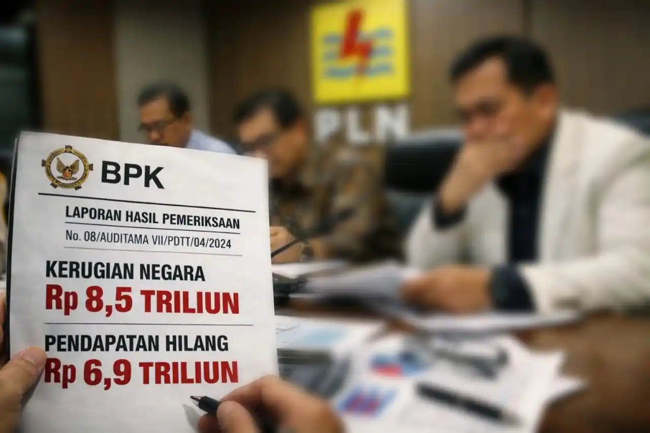 Ilustrasi rapat investigasi PT PLN terkait temuan BPK yang menunjukkan kerugian negara sebesar Rp8,5 triliun dan pendapatan hilang Rp6,9 triliun. Terlihat laporan hasil pemeriksaan BPK di meja, sementara jajaran direksi PLN meninjau dokumen dan data keuangan dengan serius, menandakan urgensi dan besarnya dampak temuan ini. (Foto: Dok MI/Aswan/Dioalah dari berbagai sumber)