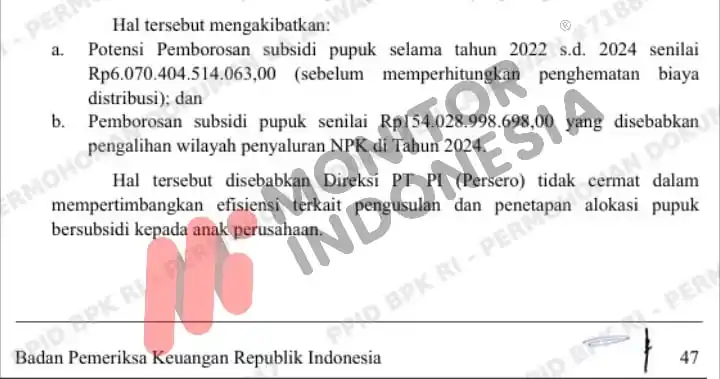 Laporan Hasil Pemeriksaan (LHP) Badan Pemeriksa Keuangan (BPK) atas kinerja PT Pupuk Indonesia (Persero) dalam penyediaan pupuk dan peningkatan daya saing perusahaan selama periode 2022, 2023, hingga Semester I 2024. Laporan bernomor 39/T/LHP/DJPKN-VII/PBN.01/07/2025 dengan tanggal 29 Juli 2025 (Foto: Dok MI)