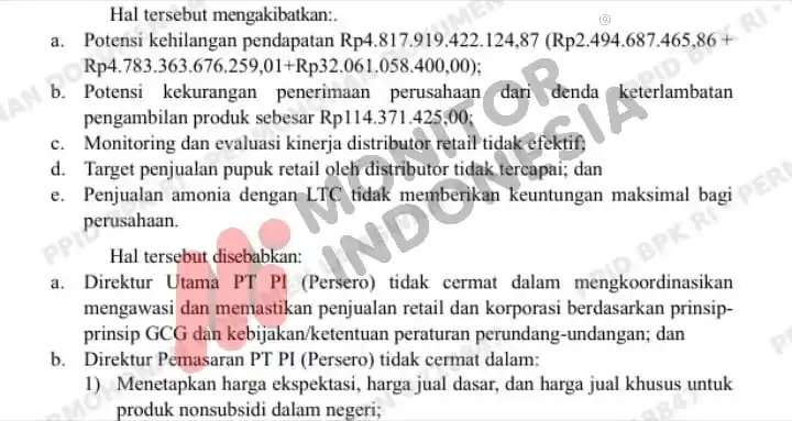 Badan Pemeriksa Keuangan (BPK) dalam Laporan Hasil Pemeriksaan (LHP) atas kinerja PT Pupuk Indonesia (Persero) dalam penyediaan pupuk dan peningkatan daya saing perusahaan selama periode 2022, 2023, hingga Semester I 2024. Laporan bernomor 39/T/LHP/DJPKN-VII/PBN.01/07/2025 dengan tanggal 29 Juli 2025 (Foto: Dok MI)