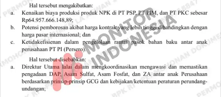 Badan Pemeriksa Keuangan (BPK) dalam Laporan Hasil Pemeriksaan (LHP) atas kinerja PT Pupuk Indonesia (Persero) dalam penyediaan pupuk dan peningkatan daya saing perusahaan selama periode 2022, 2023, hingga Semester I 2024. Laporan bernomor 39/T/LHP/DJPKN-VII/PBN.01/07/2025 dengan tanggal 29 Juli 2025 (Foto: Dok MI)