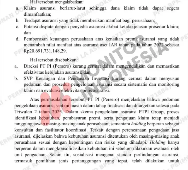 Badan Pemeriksa Keuangan (BPK) dalam Laporan Hasil Pemeriksaan (LHP) atas kinerja PT Pupuk Indonesia (Persero) dalam penyediaan pupuk dan peningkatan daya saing perusahaan selama periode 2022, 2023, hingga Semester I 2024. Laporan bernomor 39/T/LHP/DJPKN-VII/PBN.01/07/2025 dengan tanggal 29 Juli 2025 (Foto: Dok MI)