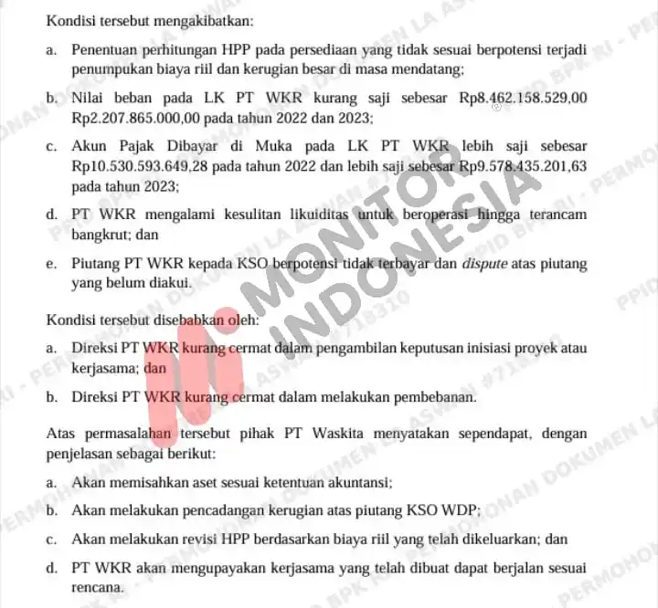 Laporan Hasil Pemeriksaan Kepatuhan atas Pengelolaan dan Pertanggungjawaban Keuangan Tahun Buku 2022 (Semester II s.d. Semester I 2024) PT Waskita Karya (Persero) Tbk, Anak Perusahaan, dan Instansi Terkait Lainnya di Provinsi DKI Jakarta, Jawa Barat, dan Kalimantan Timur. Nomor : 30/LHP/XX/5/2025 Tanggal : 21 Mei 2025 Direktorat Jenderal Pemeriksaan Keuangan Negara VII (Foto: Dok MI)