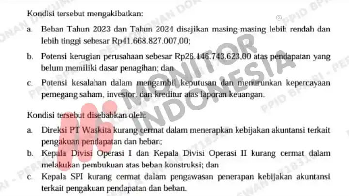 Laporan Hasil Pemeriksaan Kepatuhan atas Pengelolaan dan Pertanggungjawaban Keuangan Tahun Buku 2022 (Semester II s.d. Semester I 2024) PT Waskita Karya (Persero) Tbk, Anak Perusahaan, dan Instansi Terkait Lainnya di Provinsi DKI Jakarta, Jawa Barat, dan Kalimantan Timur. Nomor : 30/LHP/XX/5/2025 Tanggal : 21 Mei 2025 Direktorat Jenderal Pemeriksaan Keuangan Negara VII (Foto: Dok MI)