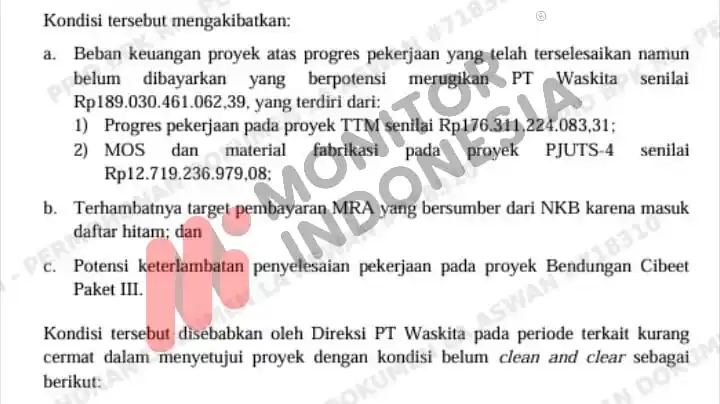 Laporan Hasil Pemeriksaan Kepatuhan atas Pengelolaan dan Pertanggungjawaban Keuangan Tahun Buku 2022 (Semester II s.d. Semester I 2024) PT Waskita Karya (Persero) Tbk, Anak Perusahaan, dan Instansi Terkait Lainnya di Provinsi DKI Jakarta, Jawa Barat, dan Kalimantan Timur. Nomor : 30/LHP/XX/5/2025 Tanggal : 21 Mei 2025 Direktorat Jenderal Pemeriksaan Keuangan Negara VII (Foto: Dok MI)