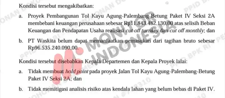 Laporan Hasil Pemeriksaan Kepatuhan atas Pengelolaan dan Pertanggungjawaban Keuangan Tahun Buku 2022 (Semester II s.d. Semester I 2024) PT Waskita Karya (Persero) Tbk, Anak Perusahaan, dan Instansi Terkait Lainnya di Provinsi DKI Jakarta, Jawa Barat, dan Kalimantan Timur. Nomor : 30/LHP/XX/5/2025 Tanggal : 21 Mei 2025 Direktorat Jenderal Pemeriksaan Keuangan Negara VII (Foto: Dok MI)