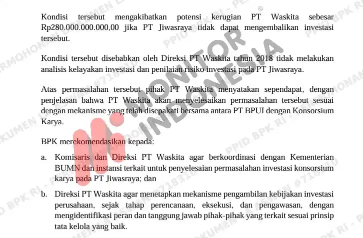 Laporan Hasil Pemeriksaan Kepatuhan atas Pengelolaan dan Pertanggungjawaban Keuangan Tahun Buku 2022 (Semester II s.d. Semester I 2024) PT Waskita Karya (Persero) Tbk, Anak Perusahaan, dan Instansi Terkait Lainnya di Provinsi DKI Jakarta, Jawa Barat, dan Kalimantan Timur. Nomor : 30/LHP/XX/5/2025 Tanggal : 21 Mei 2025 Direktorat Jenderal Pemeriksaan Keuangan Negara VII (Foto: Dok MI)
