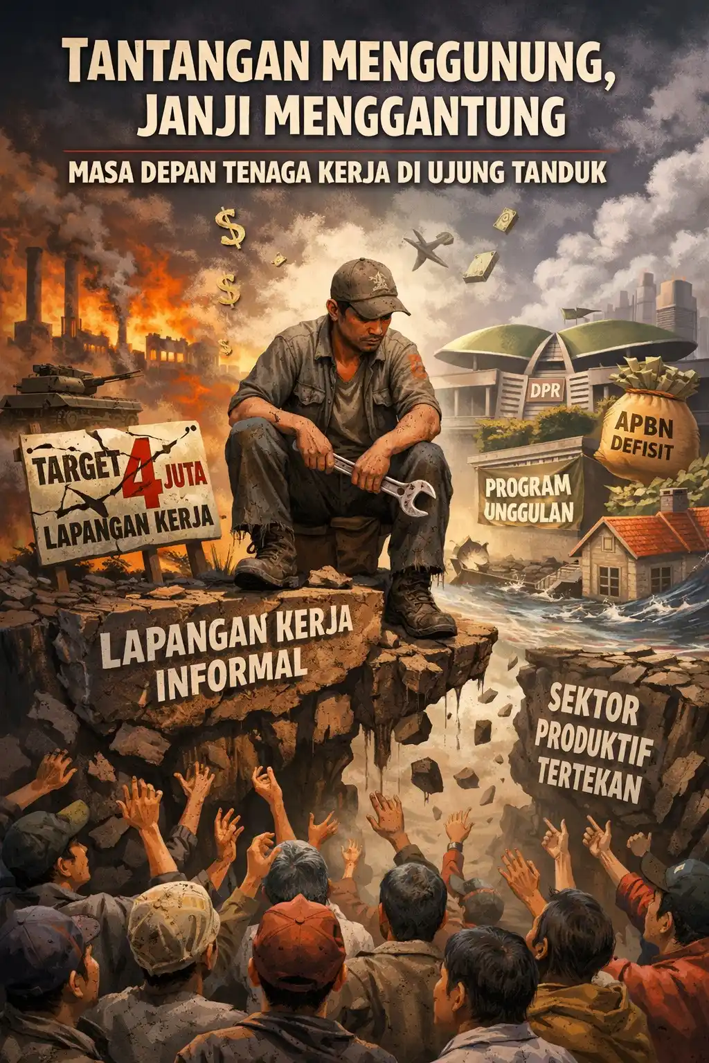 Pekerja duduk di tepi jurang lapangan kerja informal, menggambarkan paradoks pertumbuhan ekonomi yang tidak berbanding lurus dengan peningkatan kualitas pekerjaan. (Foto: Dok MI/Diolah dari berbagai sumber)