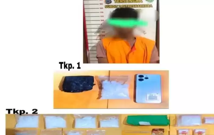 Tersangka berinisil AK (23) ditangkap Ditresnarkoba Polda Kalsel dengan barang bukti 14 paket sabu-sabu berat 617,14 gram dan 12 butir ekstasi. (Foto: ANTARA)
