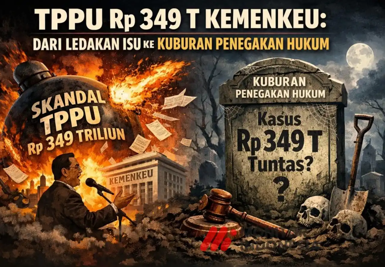 Ilustrasi: Ledakan isu dugaan TPPU Rp349 triliun di Kementerian Keuangan yang sempat mengguncang publik digambarkan berujung pada “kuburan penegakan hukum”, mencerminkan mandeknya proses hukum dan hilangnya kejelasan pertanggungjawaban negara atas kasus besar tersebut.(Foto: Dok MI)