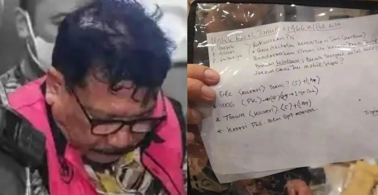 Zarof Ricar mantan kepala badan pendidikan dan pelatihan hakim dan peradilan (Kabadiklat) MA 2022 mengenakan rompi tahanan Kejagung (kiri) dan catatan bertuliskan tangan, yang terbungkus di dalam tas plastik bening “Titipan Lisa,” (kanan) (Foto: Kolase MI-Aswan)